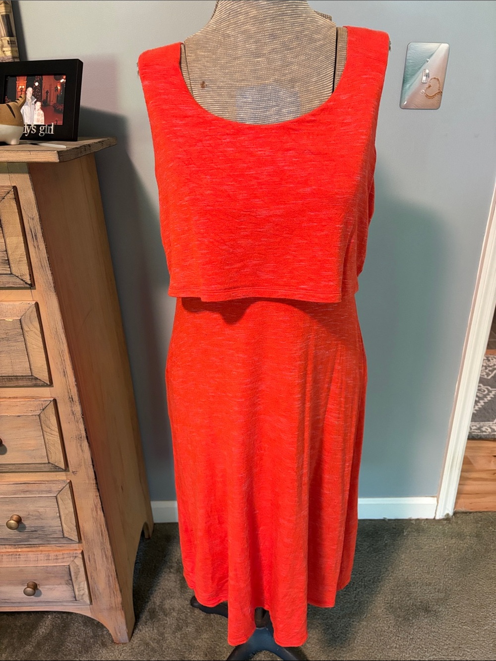CAbi The Weekend Dress #5792 Bright Coral Layered Sleeveless Midi Dress